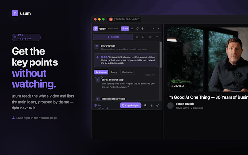 usum — AI YouTube Summary :: One-click AI summaries, timestamped chapters, comment digests and transcripts for any YouTube video.
