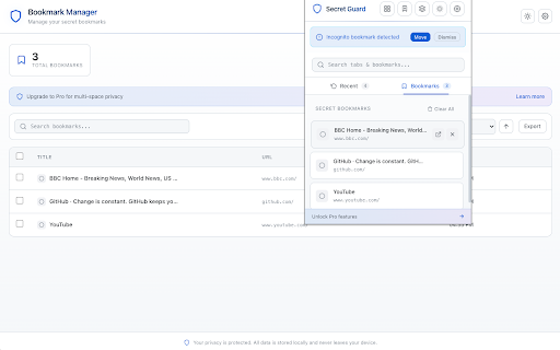 Secret Guard — Private Bookmark Vault, Tab Recovery & History Cleanup :: PIN-locked private bookmark vault with incognito tab recovery and optional history cleanup. 100% local, no accounts.