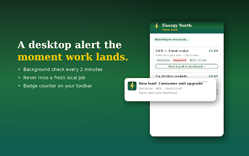 Energy North — Trader Leads :: Fresh local trade leads from Energy North, straight to your browser. Get a desktop alert the moment a new job lands in your area.