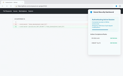 KOREXT - AI Code Governance :: Scan code on GitHub, Colab, Jupyter, Replit, and StackBlitz for security and compliance violations. 72 packs.