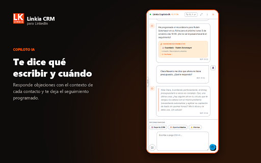 Linkia CRM & LinkedIn Sales :: CRM de ventas para LinkedIn: captura contactos con un clic y deja que el Copiloto IA redacte los mensajes que cierran venta.