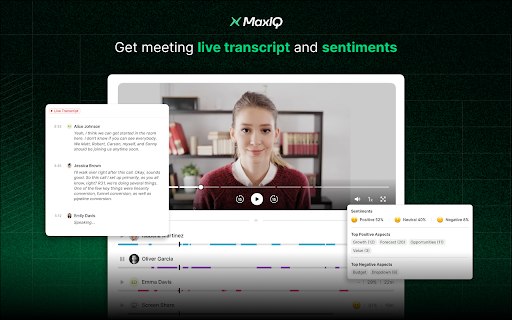 MaxIQ: AI-Powered Meeting Notes :: MaxIQ is your AI meeting notetaker for Google Meet. It records your calls, transcribes them in real time, and generates summaries,…