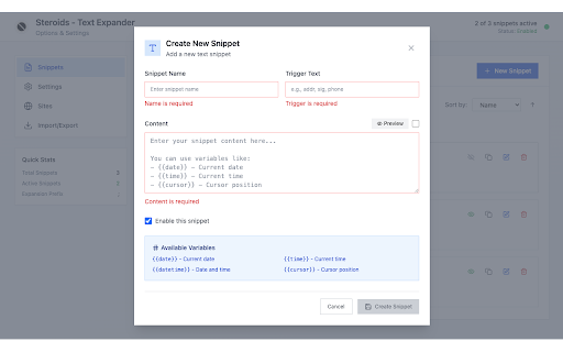 Steroids - Text Expander :: Expand abbreviations into text snippets while typing. Boost your productivity with smart text expansion.
