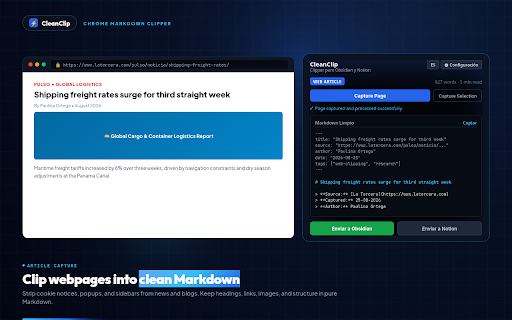 CleanClip: Web Clipper for Obsidian & Notion :: AI-powered clean Markdown web clipper that syncs to Obsidian and Notion.