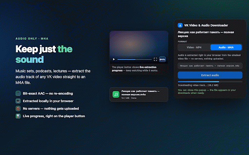 VK Video & Audio Downloader :: Download VK videos as MP4 (144p–1080p) or audio only as M4A — popup + download button under every video. vk.com & vkvideo.ru.