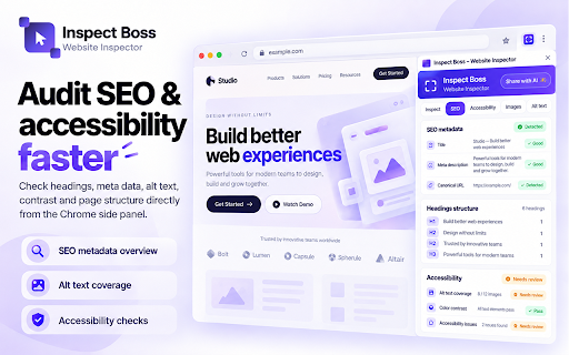 Inspect Boss - Website Inspector: CSS, Fonts, Colors, SEO & Selectors :: Inspect any live page in the Chrome side panel: CSS, colors, fonts, images, selectors, accessibility and SEO metadata.
