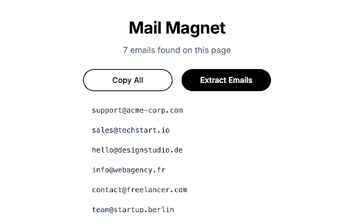 Mail Magnet :: Extract emails from any webpage instantly. Get a clean list of detected emails, ready to copy. Perfect for lead generation.