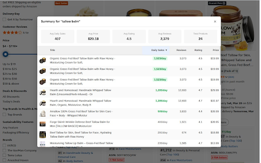 Amazon BSR Sales Estimator :: Predicts daily sales on Amazon search pages from BSR data. Includes a Summary panel with avg sales, price, ratings. Load more pages