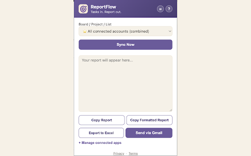 ReportFlow :: ReportFlow: tasks in, report out. Turn Trello, Asana, ClickUp & monday.com boards into client-ready status reports in one click.