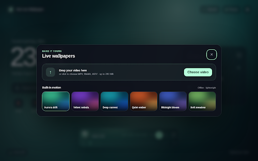 Set Live Wallpaper :: A fast, private new tab with live wallpapers, your own videos, focus tools and shortcuts.