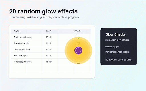 Glow Checks for Google Sheets :: Adds colorful glow effects when you tick checkboxes in Google Sheets.