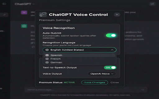 ChatGPT Voice Control :: Hold the Spacebar to speak, view live transcriptions, and submit voice prompts to ChatGPT automatically.
