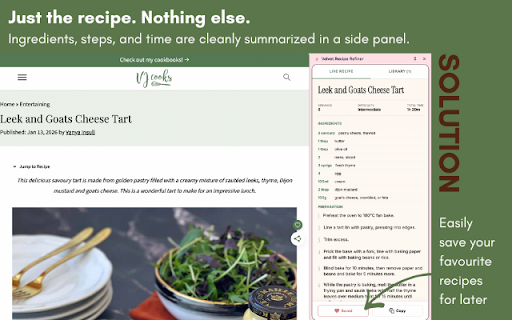 Velvet Recipe Refiner: built using plugthis.ai :: Instantly removes the clutter from recipe pages and shows a clean, easy-to-follow recipe summary in a side panel.