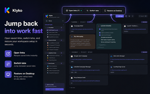 Klyko — Tab & Workspace Manager :: Save tabs, links, and project workspaces in a clean side panel. Reopen your work context faster.