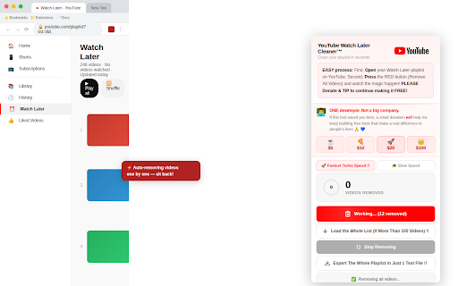 YouTube Watch Later Cleaner™ :: The fastest way to bulk-remove all videos from your YouTube Watch Later playlist. One click. Free forever.