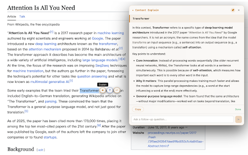 Context Explain :: Understand anything as you read: context-aware AI explanations, translations & follow-up Q&A without leaving the page. BYO API key.