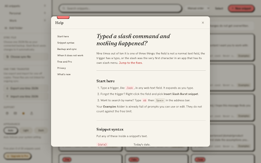Slash Burst: AI Prompt Commands & Text Expander :: Text expander for AI prompts, snippets, templates, and canned responses. Works in normal web text fields. Your data stays local.