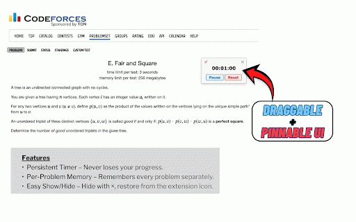 Codeforces Problem Timer :: A draggable, pinnable timer with toggle controls.