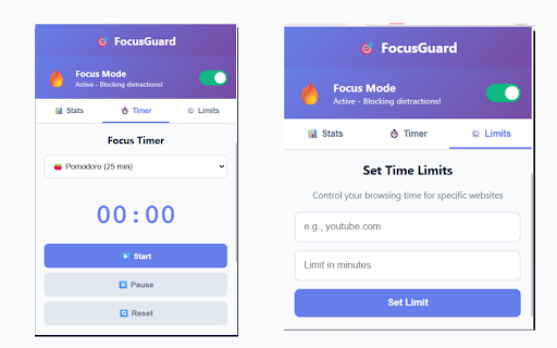 FocusGuard :: Track time spent on websites and limit distractions with Pomodoro timer.