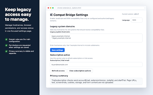 IE Compat Bridge :: Configurable JavaScript and DOM compatibility fixes for legacy business web apps in Chrome, Edge, and Chromium browsers.
