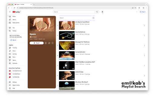 em@kab's YouTube Playlist Search :: em@kab's YouTube playlist search tool designed to be fast, intuitive, efficient, and easy on the eyes.