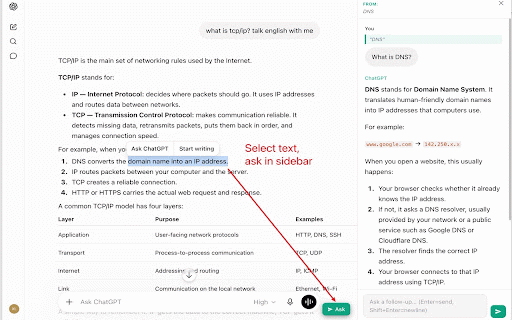 ChatGPT Side Panel :: A side panel for ChatGPT that lets you highlight text, ask follow-up questions, and keep reading without losing your place.