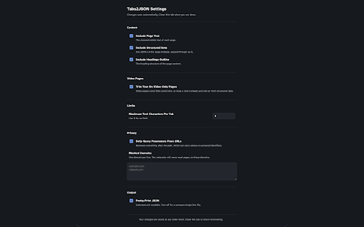 Tabs2JSON :: Export full page text and metadata from selected Chrome tabs to JSON.