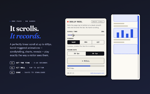 Dolly Reel — Smooth Scroll Recorder :: Records a perfectly smooth, automated scroll of any webpage. Export WebM, MP4, or GIF. Built for scrollytelling and long pages.