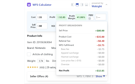 WFS Calculator by Walsight :: Calculate WFS profit, fees, ROI, and break-even on any Walmart product page.