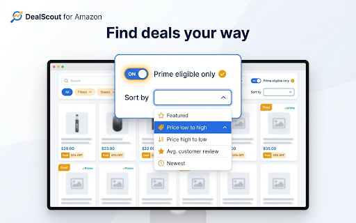 DealScout for Amazon :: Create Amazon search links for discounted items with marketplace, category, discount, price, sort, and Prime filters.