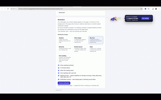 MeetCue :: Get desktop reminders for upcoming calendar meetings, with one-click join.