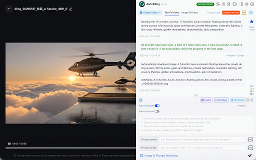 AutoKling for Kling - Auto Send Prompts & Batch Download :: Batch create & download images and videos on Kling, with prompts management and auto queue. (Not affiliated)