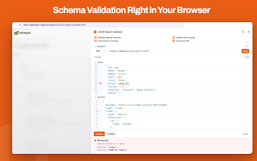 JSON Object Validator :: Validate and format JSON in the Chrome side panel, with optional JSON Schema validation.
