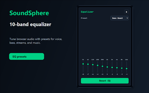 SoundSphere :: Reliable per-tab volume boost and 10-band EQ for browser audio.