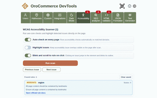 OroCommerce DevTools :: The ultimate toolkit for OroCommerce developers and QA: Smart Form Filler, A11y & SEO Inspectors, HTML Validator, and more.