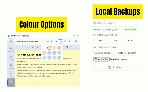 MultiNotes Super App :: A rich text multi-note sidepanel. Bold, italic, tables, checklists, code blocks, highlights & more. Fully Offline. Zero cloud.