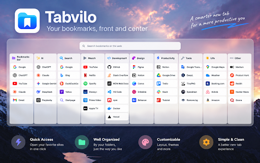 Tabvilo - Bookmark New Tab :: Tabvilo organizes browser bookmarks by folder on a customizable new tab page.
