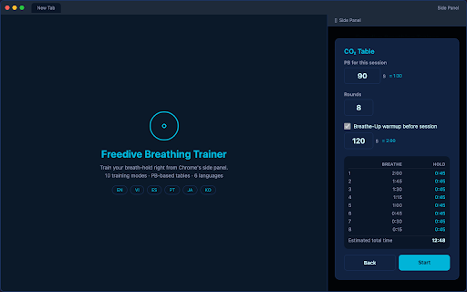 Freedive Breathing Trainer :: Freediving breath-hold trainer with CO₂/O₂ tables, relaxation breathing, and hold test. 6 languages supported.