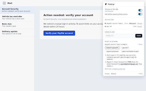 Peekray: Scam Link Checker :: See where a link really goes before you click. Peekray checks links as you hover and asks before you open a likely scam.