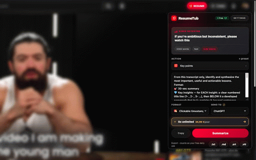 ResumeTub - YouTube Summarizer for ChatGPT :: YouTube summarizer for ChatGPT, Claude & Gemini. Captions grabbed, prompt written, pasted in 1 click — summarize any video fast.