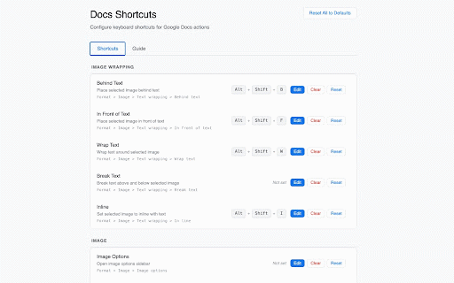 Docs Shortcuts :: Custom keyboard shortcuts for Google Docs — bind any menu action to a key combination.