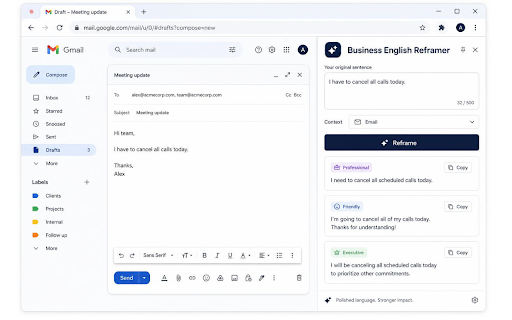 Business English Reframer :: Turn rough English into smoother, native-sounding business communication. Reframe selected text from any page in a side panel.