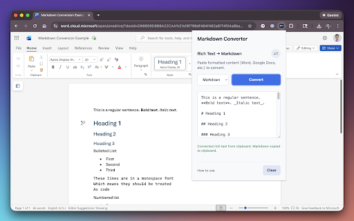 Markdown Converter for the web, Word, and Google Docs :: Convert rich text from the clipboard into Markdown directly from the toolbar or context menu.
