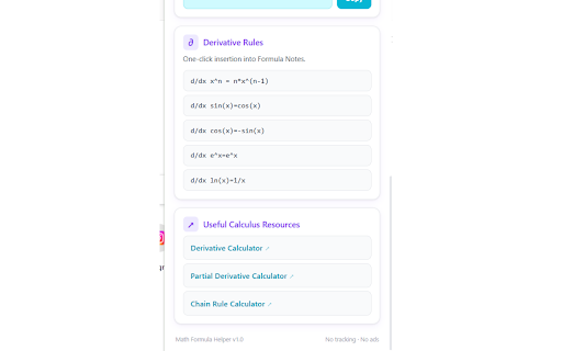 Math Formula Helper :: Quickly copy math symbols, save formulas, convert to LaTeX, and access calculus resources.