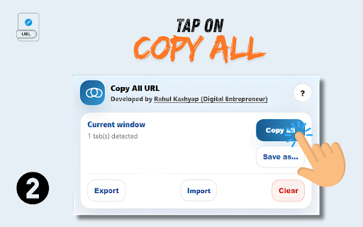 Copy All URL — Developed by Rahul Kashyap :: Copy all URLs from the current window, save named URL lists, and open them later in a new window. Includes export/import.