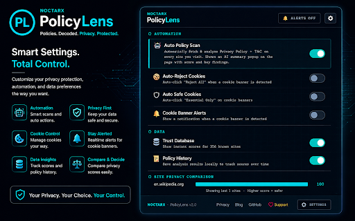 PolicyLens by NOCTARX :: Analyze Privacy Policies, T&C, and Cookies instantly. Red flags, plain English summaries, cookie manager & breach alerts.