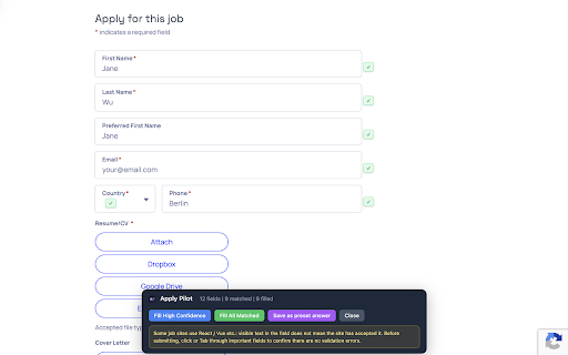 Apply Pilot :: Smart job application form auto-filler with AI semantic matching and auto-learning. Supports English, German, and Chinese forms.