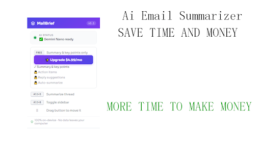 MailBrief – AI Email Summarizer :: Instant AI summaries, key points & reply drafts for Gmail — 100% on-device. No data ever leaves your computer.