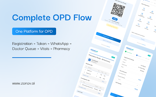 Zonov.ai — Hospital OPD Agent :: Zonov.ai hospital OPD — patient registration, doctor queue, UPI payment, token, prescriptions, pharmacy & lab QR, WhatsApp alerts.