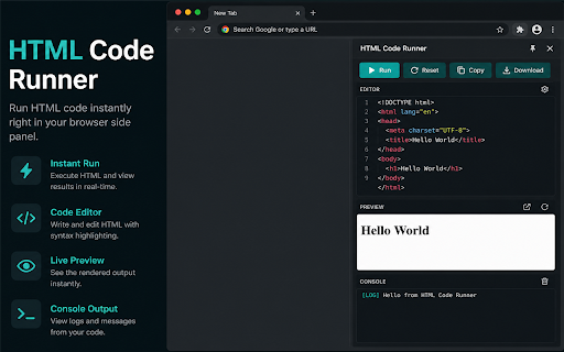 HTML Code Runner :: Run HTML, CSS and JavaScript instantly in Chrome's Side Panel.